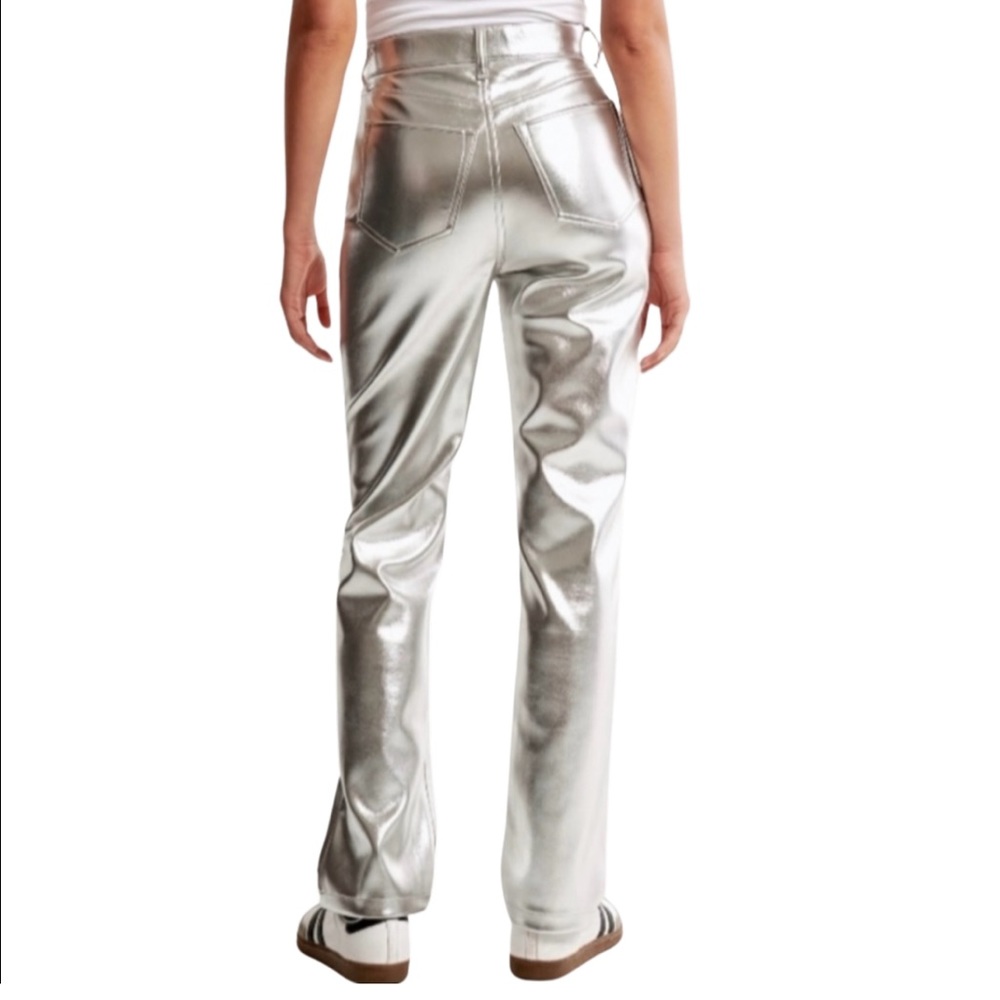 NEW 7 For All Mankind Metallic Straight Leg Faux Leather Pants Silver Size LG - Picture 3 of 11